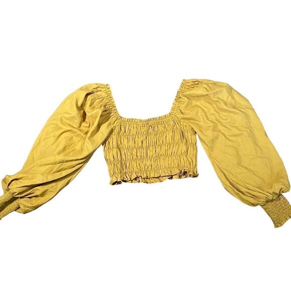 NWT A Loves A Straw Mustard Ruched Puff Long Sleeve Cropped Blouse Linen Blend S - Picture 4 of 12